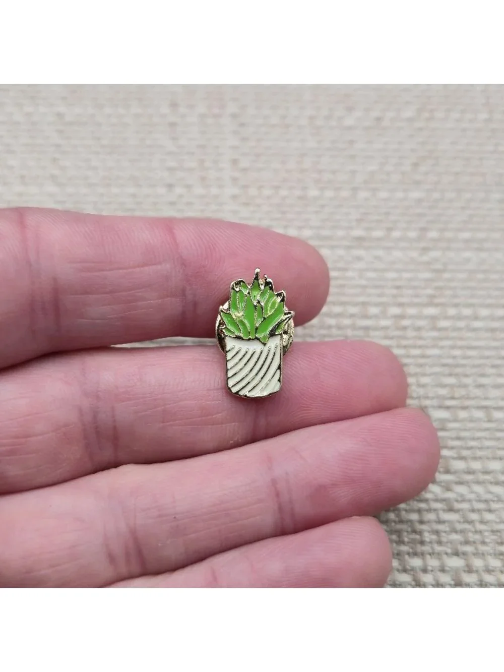 Small Cute Green Succulent in Striped White Pot Enamel Pin A8452